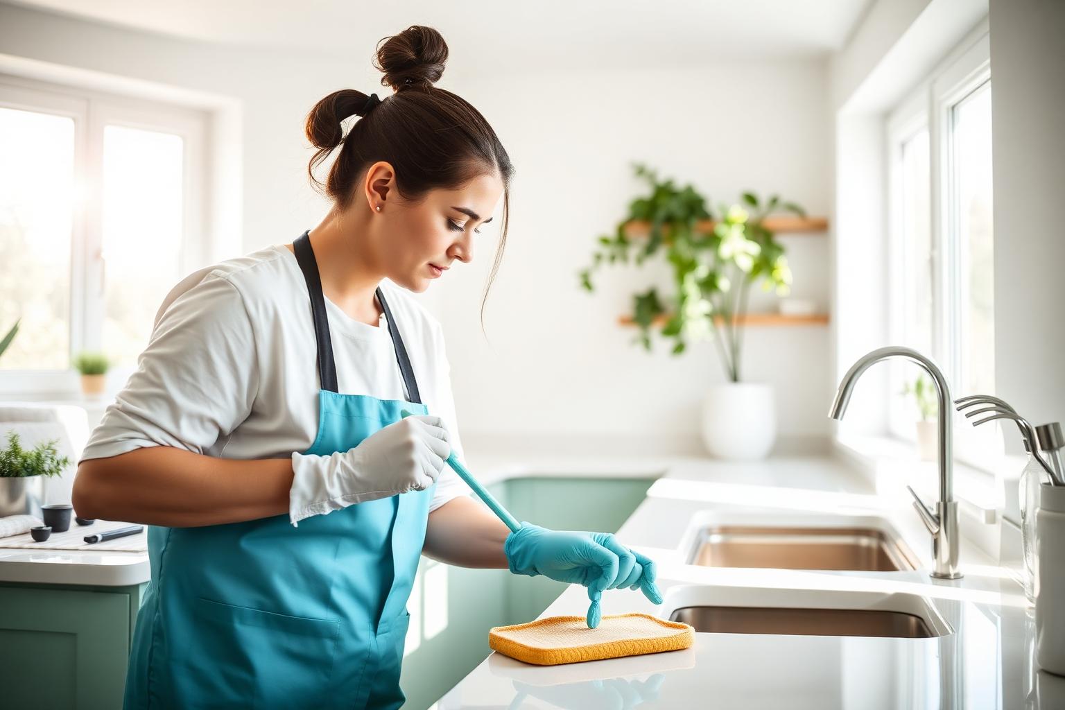 Sparkle North professional cleaner sanitizing a bright modern kitchen